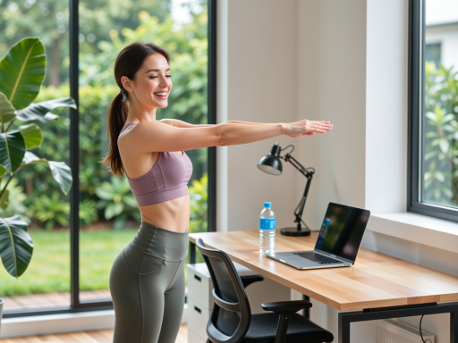 家庭办公场景展示,年轻女性在家用书桌前使用坐姿矫正器,专注电脑工作,温馨室内环境