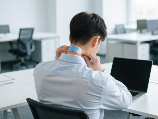 办公室场景展示,中年男性坐在办公椅上使用柯柏蓝护腰坐垫,专注工作状态,明亮自然光